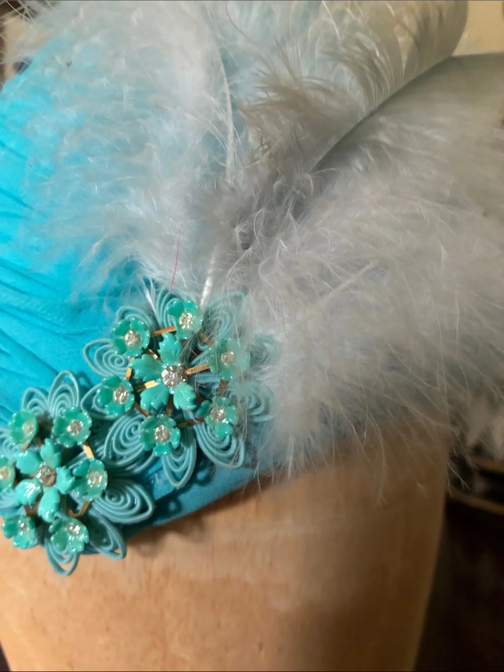 Vintage Turquoise Feather Trim Hat with Crystal Floral Accent